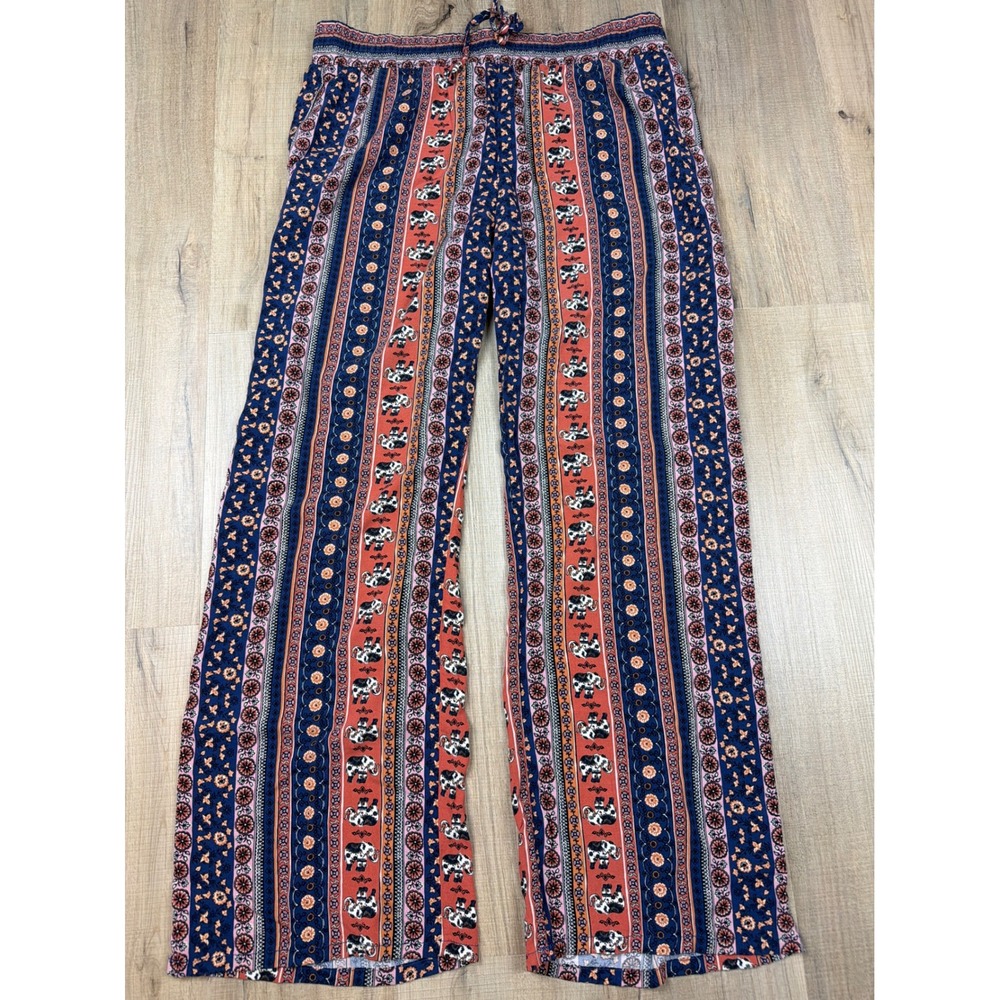 Bebop Womens XL Boho Elephant Floral Stripe Wide Leg Lounge Pants Blue Orange